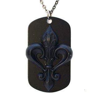 FLAT BLACK FANCY FLEUR DOG TAG WITH CHAIN SHOWN
